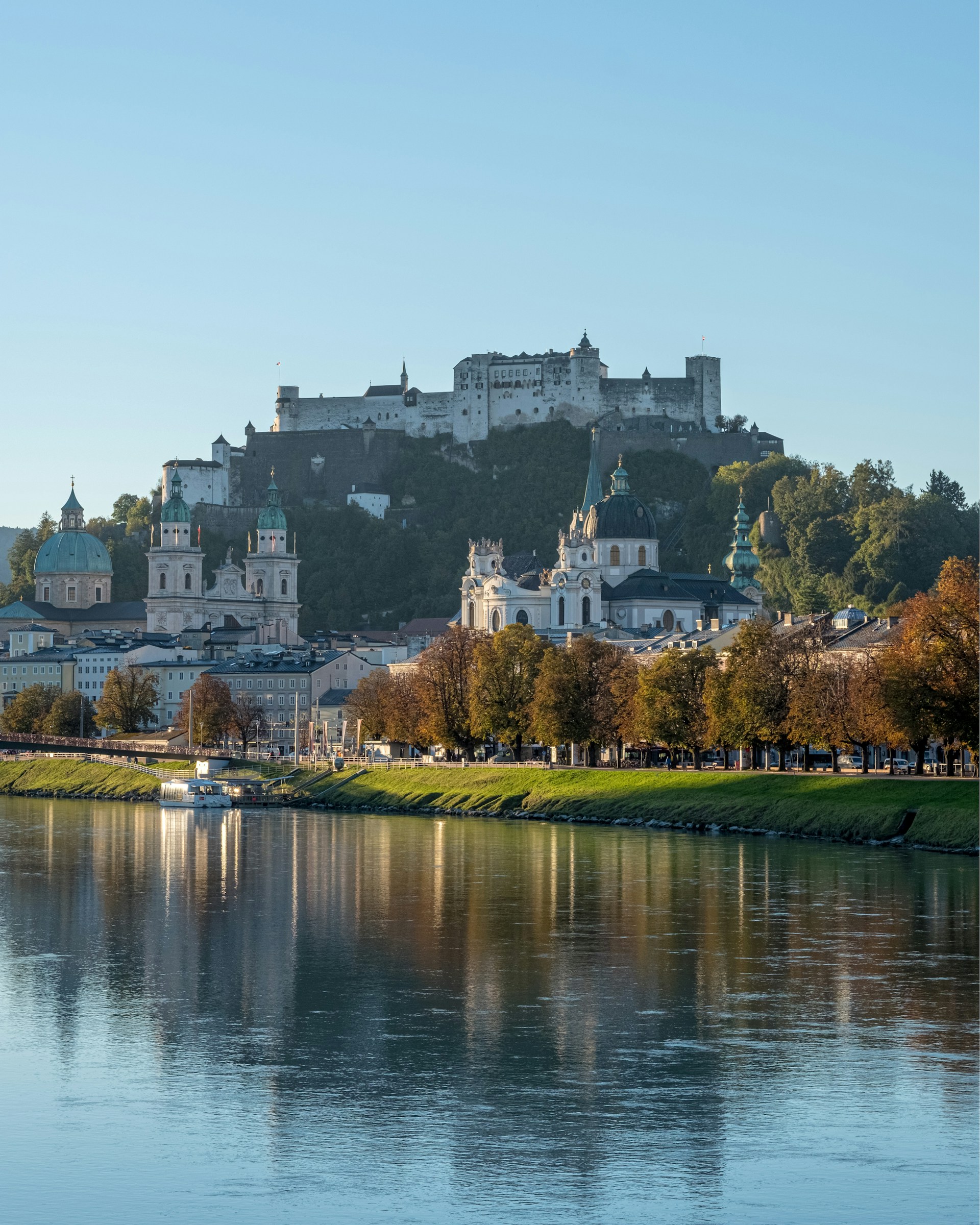 Salzburg old town and Hohensalzburg Fortress across the Salzach river