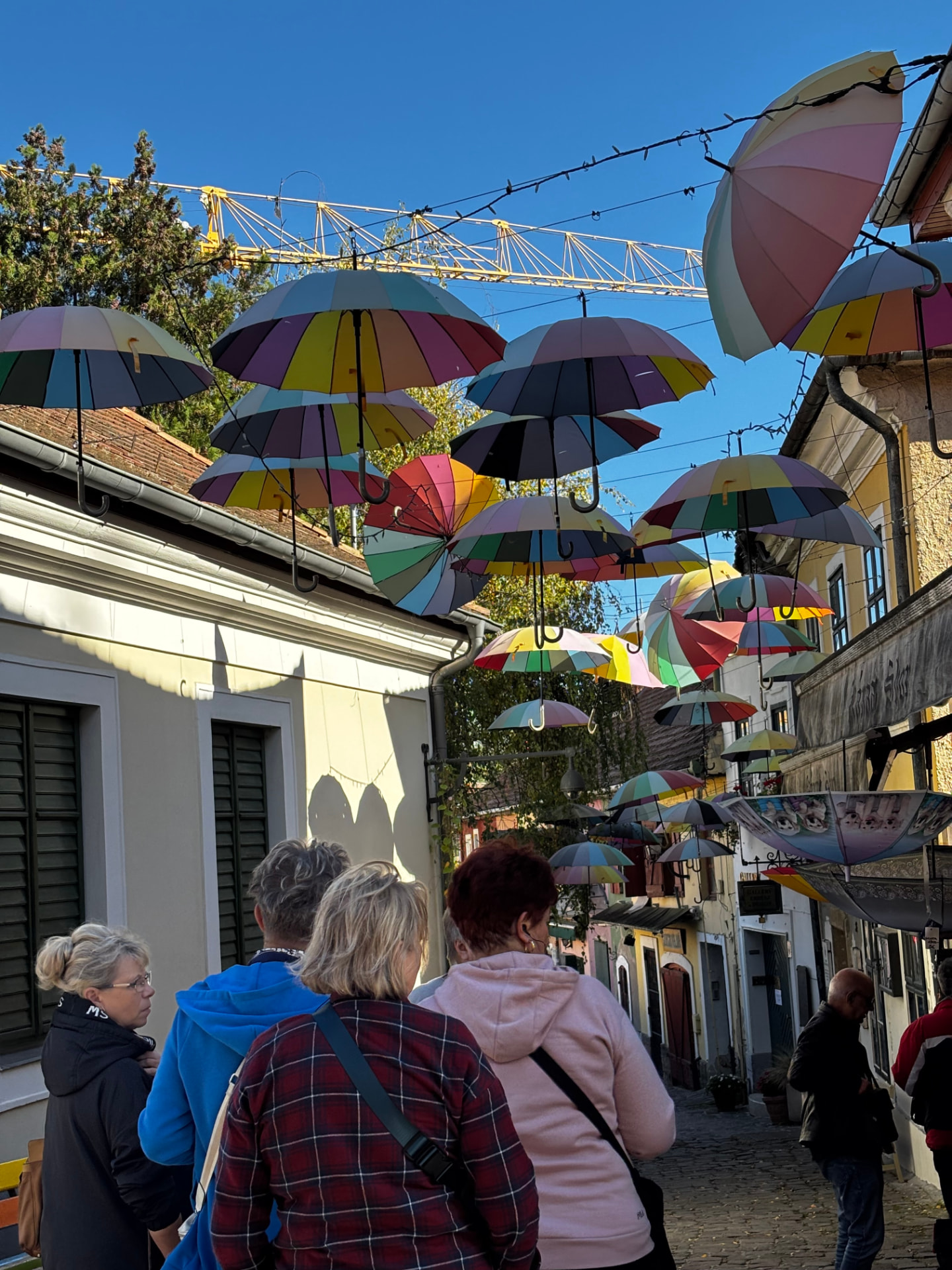 A cobbled street in Szentendre lined with hanging painted umbrellas overhead.