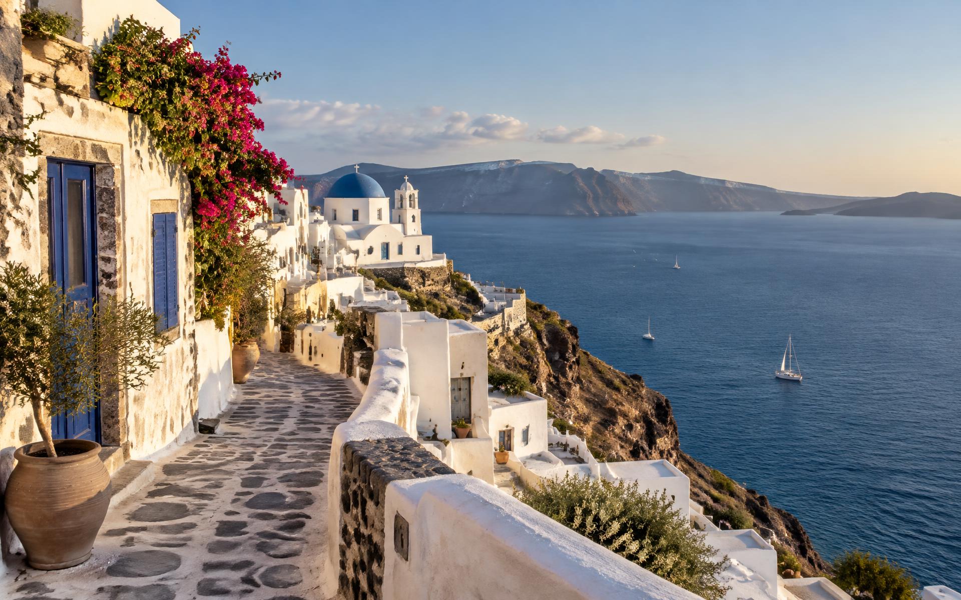 Whitewashed island houses and a stone lane above the blue Aegean Sea