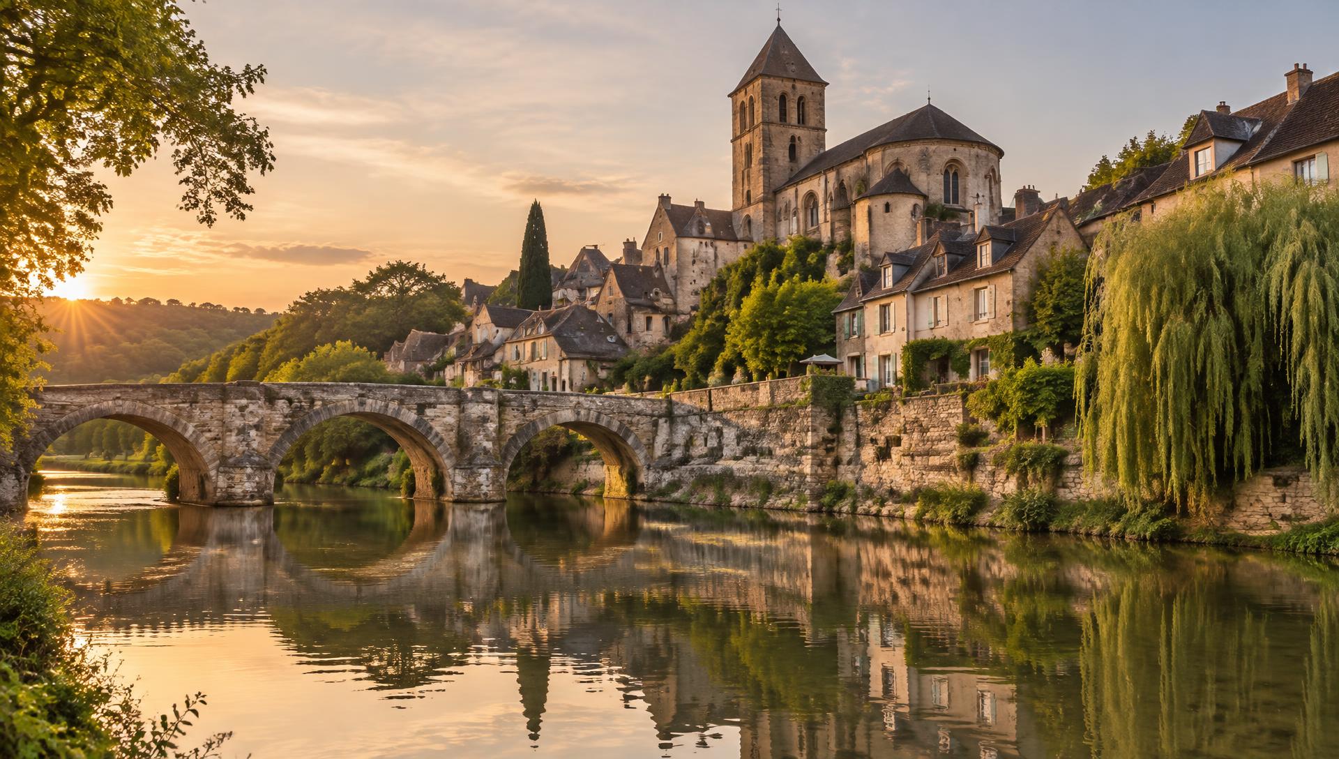 Historic stone bridge and riverside buildings in Moret-sur-Loing, France