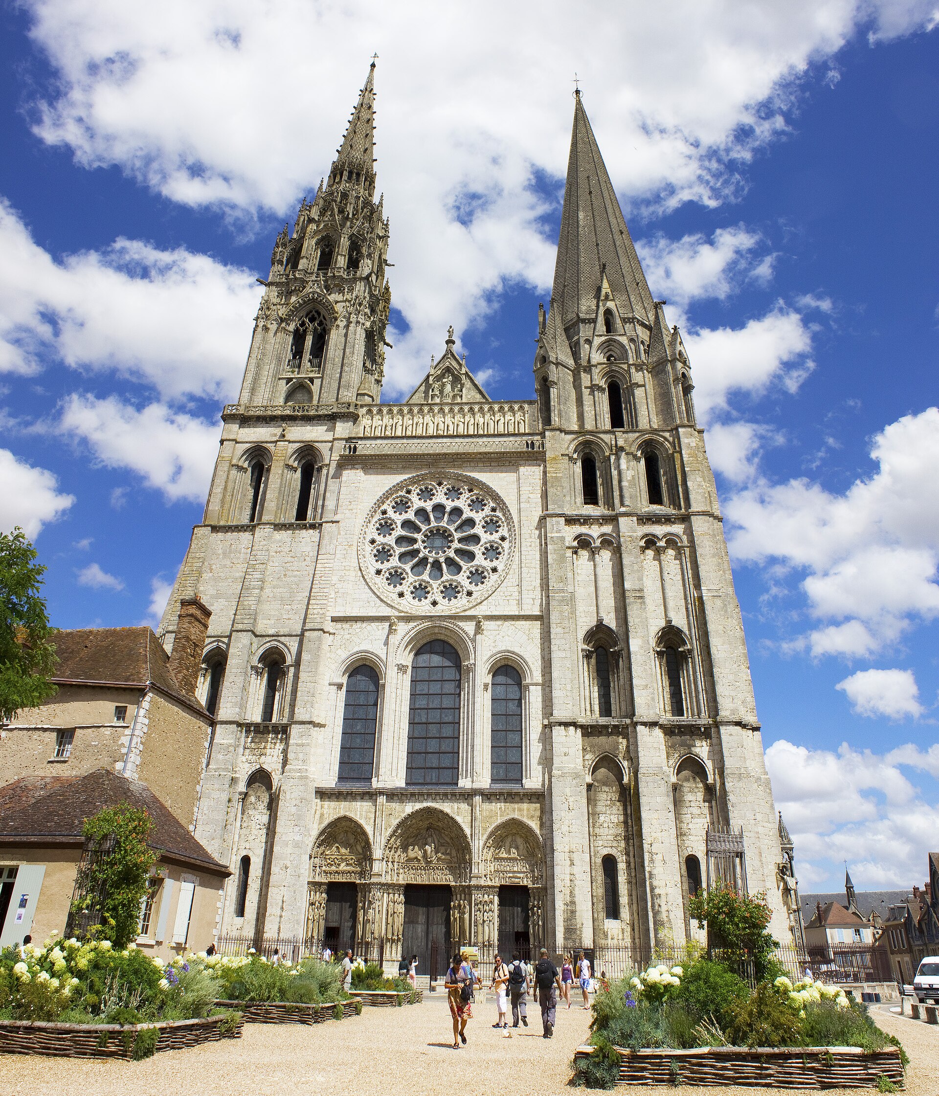 The west façade of Chartres Cathedral with its two distinctive spires